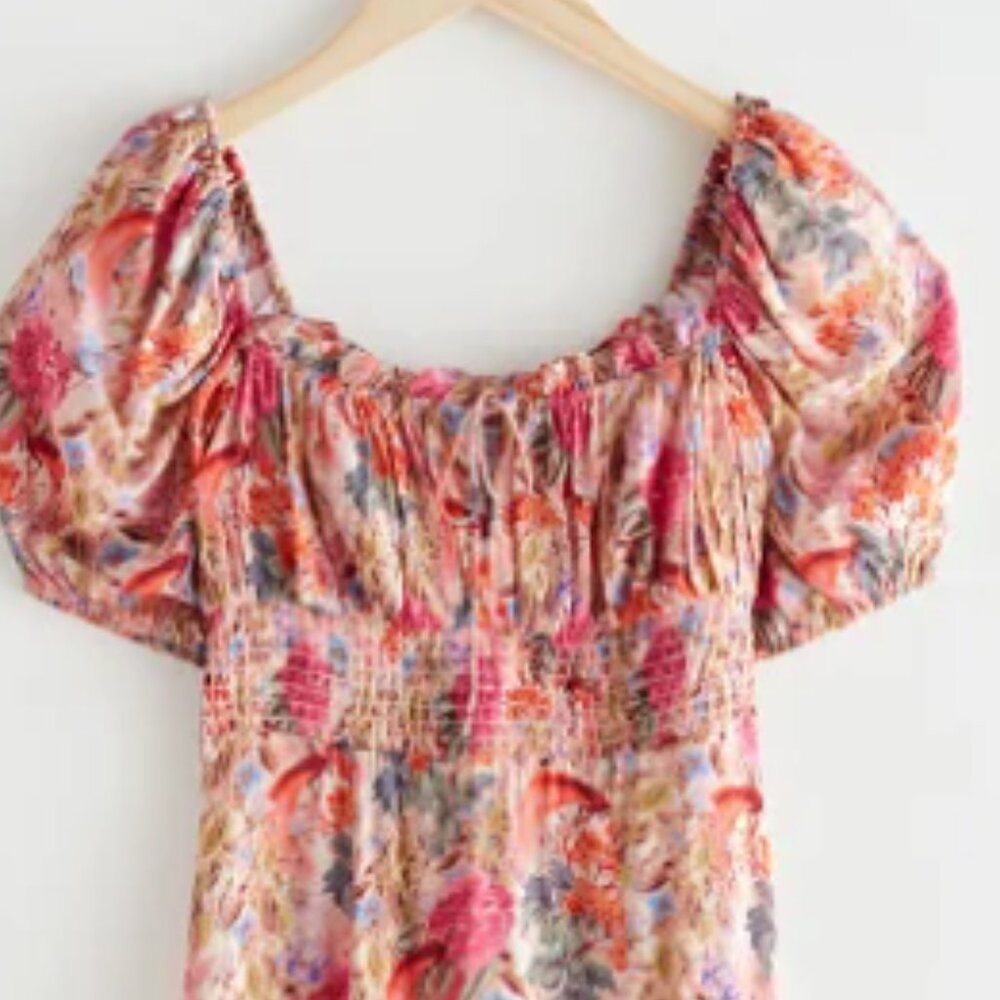 Other Stories Smocked Puff Sleeve Midi Dress, Size 8